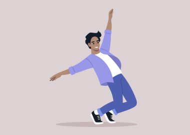 Genç bir Gen Z bireyi, gelişigüzel giyinmiş, ezici bir neşe ve tatmin duygusu ile çağdaş dans ediyor.
