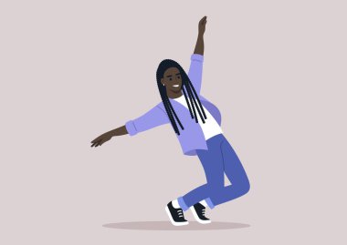 Genç bir Gen Z bireyi, gelişigüzel giyinmiş, ezici bir neşe ve tatmin duygusu ile çağdaş dans ediyor.