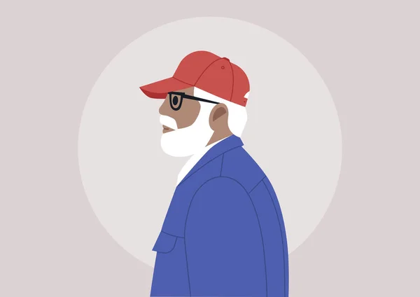 Beyaz Sakallı Iri Çerçeveli Gözlüklü Kırmızı Şapkalı Yaşlı Bir Adam — Stok Vektör