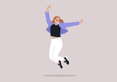 A joyful young woman in a quilted jacket adorned with wave patterns, jumping with her arms raised high above her head clipart