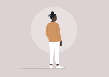 Bedenlerinin dörtte üçü ayakta duran genç bir karakterin portresi.