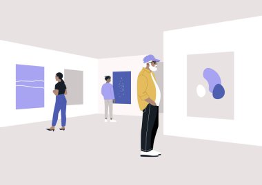 Çeşitli katılımcılardan oluşan bir kalabalığın soyut resimler ve çağdaş sanat eserlerini incelemek için bir araya geldiği bir sanat galerisinin açılışı.