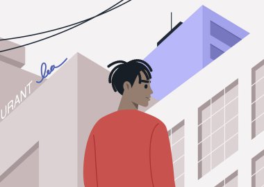 Şehrin merkezinde, gökdelenlerle çevrili ve neon ışıklarıyla aydınlatılmış, hareketli bir şehirde tek başına dolaşan genç bir karakter.