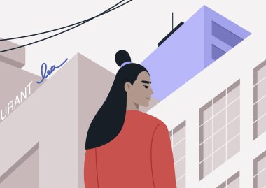 Şehrin merkezinde, gökdelenlerle çevrili ve neon ışıklarıyla aydınlatılmış, hareketli bir şehirde tek başına dolaşan genç bir karakter.