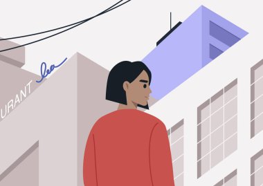 Şehrin merkezinde, gökdelenlerle çevrili ve neon ışıklarıyla aydınlatılmış, hareketli bir şehirde tek başına dolaşan genç bir karakter.