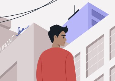 Şehrin merkezinde, gökdelenlerle çevrili ve neon ışıklarıyla aydınlatılmış, hareketli bir şehirde tek başına dolaşan genç bir karakter.
