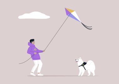 Rüzgarlı bir günde uçurtma uçuran genç bir karakter Samoyed köpeğiyle güzel vakit geçiriyor.