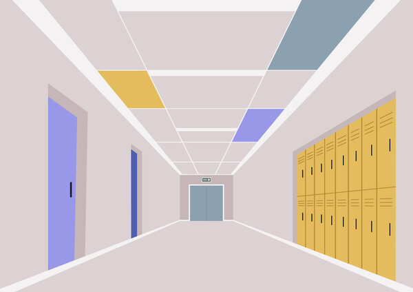 An empty school corridor lined with lockers and doorways leading to classrooms