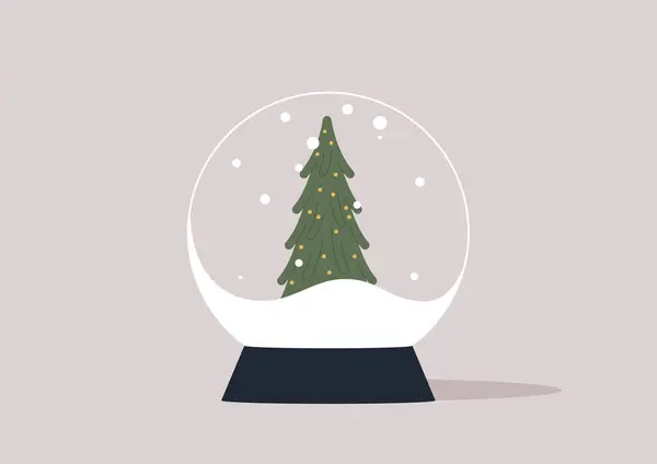 Een Kristallen Bol Met Een Wervelende Sneeuwstorm Een Groene Kerstboom — Stockvector