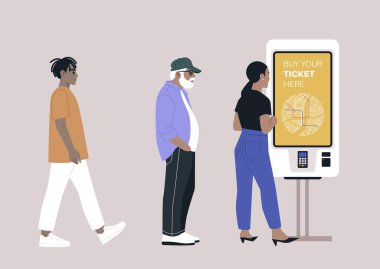 Kentsel ulaşım sistemindeki günlük ulaşımı sembolize eden otomatik bir self-servis makinesi, yolcuların biletlerini almak için sabırla sırada bekledikleri görülüyor.