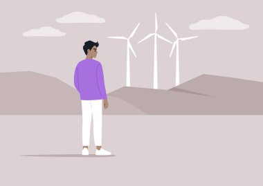 Yenilenebilir bir enerji kaynağı, ufuktaki rüzgar türbinlerine bakan genç bir karakterle, sahne sürdürülebilirliğin önemini vurgulayarak, çevre dostu ve sorumlu davranışı temsil ediyor.