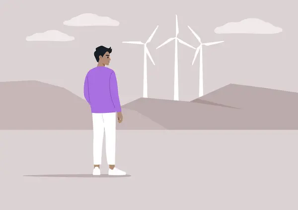 地平線上の風力タービンを眺める若いキャラクターを持つ再生可能エネルギー源は 環境にやさしい責任ある行動を表し 持続可能性の重要性を強調しています ベクターグラフィックス