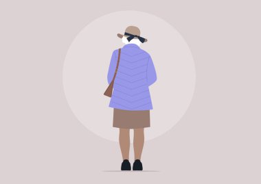 Yaşlı bir kadının tam boy portresi, arkadan bakıldığında, sıradan bir klasik kıyafet giyiyor.