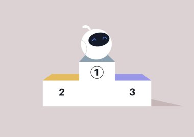 Gururlu bir robot kazananların podyumunda birinci sırada duruyor ve yapay zekanın bir yarışma veya yarışmada insan beynine karşı kazandığı zaferi sembolize ediyor.