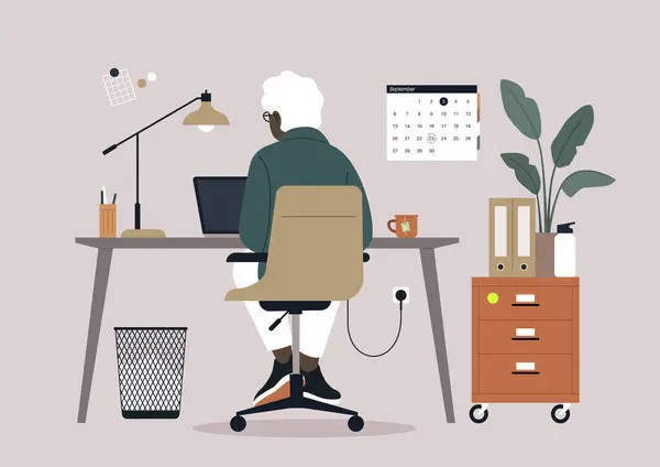 机の上に座っているシニアキャラクターは 背後から見たコンピュータを使い 働く年金受給者のコンセプトを表すシーンで 後世の生産性の継続性を強調しています ベクターグラフィックス