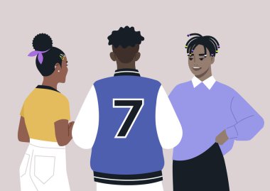 Bir grup Afrikalı genç, hem erkek hem de kadın, modern kıyafetler giyip, çağdaş saç stilleriyle spor yapıyorlar, topluluklarının ruhunu temsil ediyorlar.