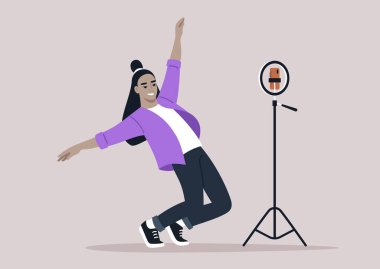 Genç bir Gen Z bireyi, gelişigüzel giyinmiş, ezici bir neşe ve tatmin duygusu ile çağdaş dans ediyor.