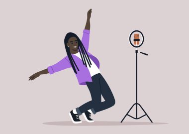 Genç bir Gen Z bireyi, gelişigüzel giyinmiş, ezici bir neşe ve tatmin duygusu ile çağdaş dans ediyor.