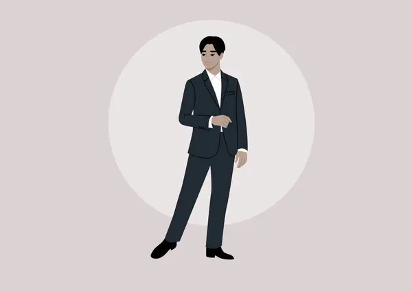 Sebuah Karakter Elegan Dalam Tuxedo Hitam Halus Sans Busur Sempurna Stok Ilustrasi 