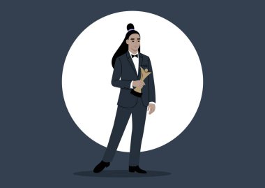 Sahne ışıkları altında, büyük bir sahnede, klasik kıyafetlerle süslenmiş bir figür zaferi kucaklıyor, prestijli bir ödülü kabul ediyor, geleneksel kıyafet yönetmeliğinin zerafeti zafer anını güçlendiriyor.