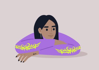 Genç bir karakter, Y2K 'dan esinlenerek giyinmiş, dirseklerine yaslanmış, can sıkıntısı ve beklentiyle