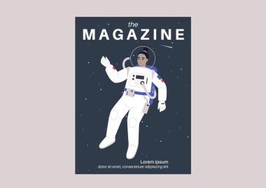 Uzay giysisiyle süslenmiş genç bir astronotun yer aldığı bir bilim dergisinin kapağı. Parlayan yıldızların gökyüzü zemininde zarafetle süzülüyor.