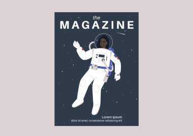 Uzay giysisiyle süslenmiş genç bir astronotun yer aldığı bir bilim dergisinin kapağı. Parlayan yıldızların gökyüzü zemininde zarafetle süzülüyor.