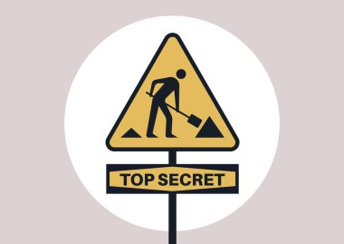 Elinde kürek tutan bir siluet karakteri içeren, gizli bilgileri gömme ya da eşeleme hareketini sembolize eden bir yapım sarısı tabela.