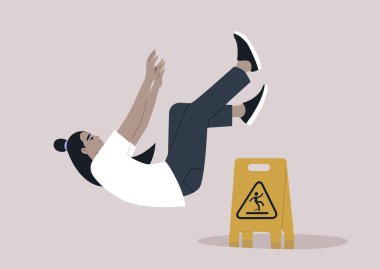 Genç bir karakterin kayıp dengesini kaybettiği bir su birikintisinin yanına yerleştirilmiş uyarı niteliğindeki sarı ıslak tabela.