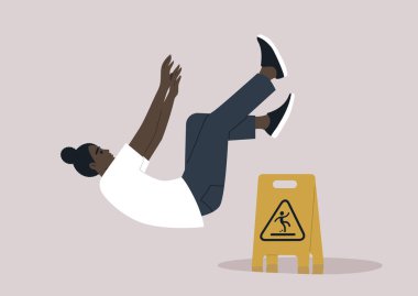 Genç bir karakterin kayıp dengesini kaybettiği bir su birikintisinin yanına yerleştirilmiş uyarı niteliğindeki sarı ıslak tabela.