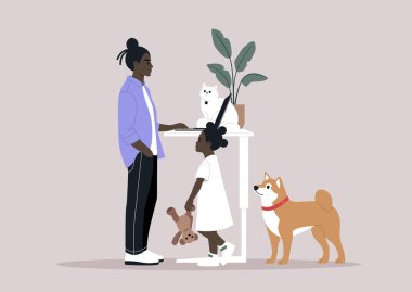 İş-yaşam dengesinin bir tasviri. Çocuk ve evcil hayvanları tarafından dikkatleri dağıtılırken ofis görevlerine uzaktan bakan genç bir ebeveyn çoklu görevi.