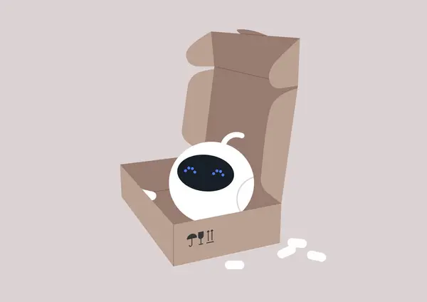 Robot Unpacks Cardboard Box Featuring Delivery Label Setting Scene Adorable Vector Graphics