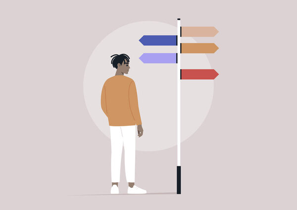 A pivotal moment for a character standing before a signpost adorned with multiple directional arrows, symbolizing various life paths, signifying a decision with profound implications