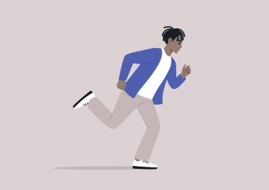 Genç bir figür hızla uzaklaşıyor, hızlı ve kararlı, hızlı adımlarla görünmeyen bir güçten kaçıyor.