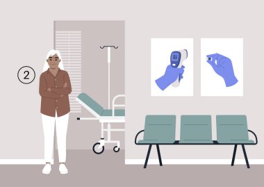 Yaşlı bir birey sabırla hastane koridorunda bekliyor, yıllık kontrollerini bekliyor.