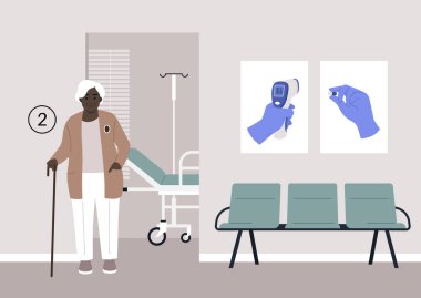 Yaşlı bir birey sabırla hastane koridorunda bekliyor, yıllık kontrollerini bekliyor.