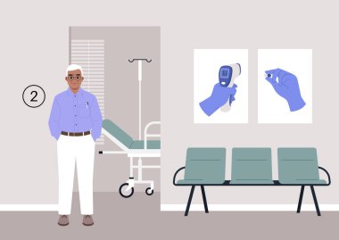 Yaşlı bir birey sabırla hastane koridorunda bekliyor, yıllık kontrollerini bekliyor.