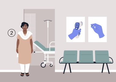 Yaşlı bir birey sabırla hastane koridorunda bekliyor, yıllık kontrollerini bekliyor.