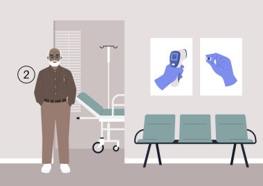 Yaşlı bir birey sabırla hastane koridorunda bekliyor, yıllık kontrollerini bekliyor.