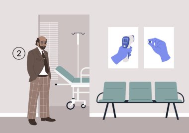 Yaşlı bir birey sabırla hastane koridorunda bekliyor, yıllık kontrollerini bekliyor.