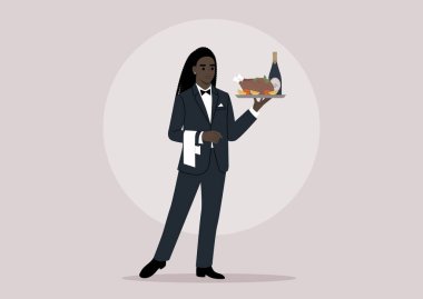 Rafine bir garson, parlak siyah bir smokin giyer, ellerinde peçeteyle, zarif bir şekilde bir şişe köpüklü şarap ve mükemmel kızarmış tavukla süslenmiş bir tepsi tutar.