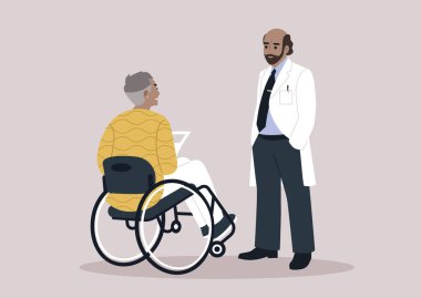 Bir sağlık çalışanı tekerlekli sandalyede oturan kıdemli bir hastayla ilgili şefkatli bir tartışmaya girişir.