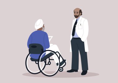 Bir sağlık çalışanı tekerlekli sandalyede oturan kıdemli bir hastayla ilgili şefkatli bir tartışmaya girişir.