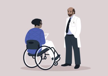 Bir sağlık çalışanı tekerlekli sandalyede oturan kıdemli bir hastayla ilgili şefkatli bir tartışmaya girişir.