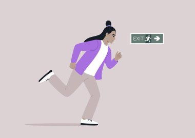 Genç bir karakter tahliye yeşil etiketi ile gösterilen bir yöne doğru hızla koşuyor. Acil durum planı uyarınca, olay yeri güvenlik protokollerine uyulmasının aciliyetini ve gerekliliğini gösteriyor.