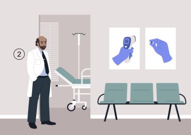 Beyaz bornoz giymiş kıdemli bir erkek doktor hastane koridorunda kabinesinin yanında tıbbi muayene için bekliyor.