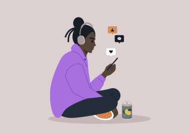 Genç bir Gen Z karakteri, hımbıl hımbıl, telefonlarının haber kaynaklarını karıştırıyor, dijital içerikli sıradan bir ilişki anını yakalıyor.