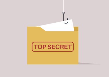 Bu yaratıcı illüstrasyon, çok gizli bir dosyayı tasvir ediyor. Gizli bilgilerin tehlikeli cazibesini sembolize eden bir balık kancası tarafından zekice tuzağa düşürülmüş..