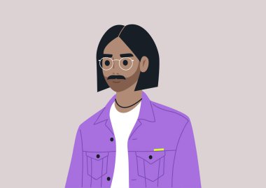 Canlı dijital bir illüstrasyon. Mor ceket ve gözlük takan, modern ve sofistike bir cazibe yayan şık bir insanı yakalıyor.