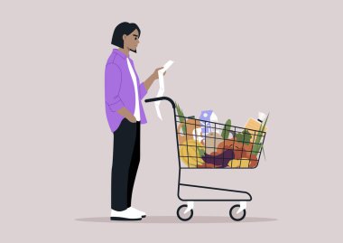 Bir karakter yiyecek dolu bir market arabasının yanında sakince durur, seçilen ürünlerle alışveriş listelerini titizlikle karşılaştırır.